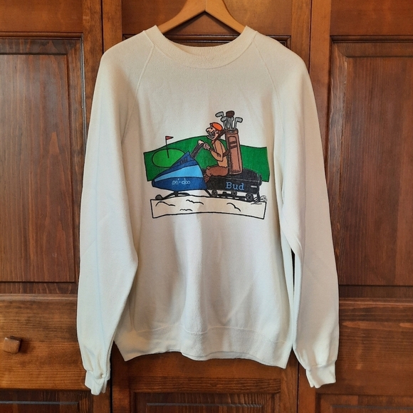 Vintage hand painted humorous retirement graphic white crewneck sweatshirt - Picture 1 of 8